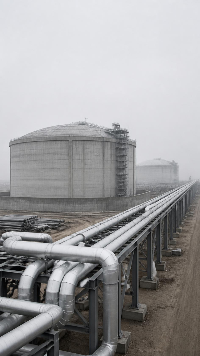 LNG terminal cryogenic storage tank with insulated pipework, no people present