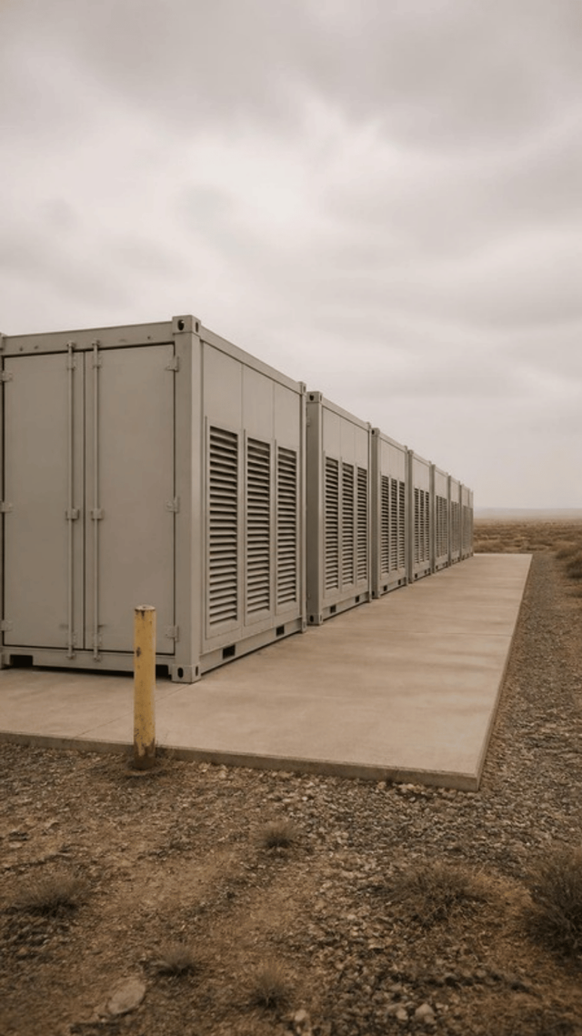 A row of identical pale grey battery storage containers on a concrete pad in open scrub, with a clear empty stretch of pad at the end of the row.