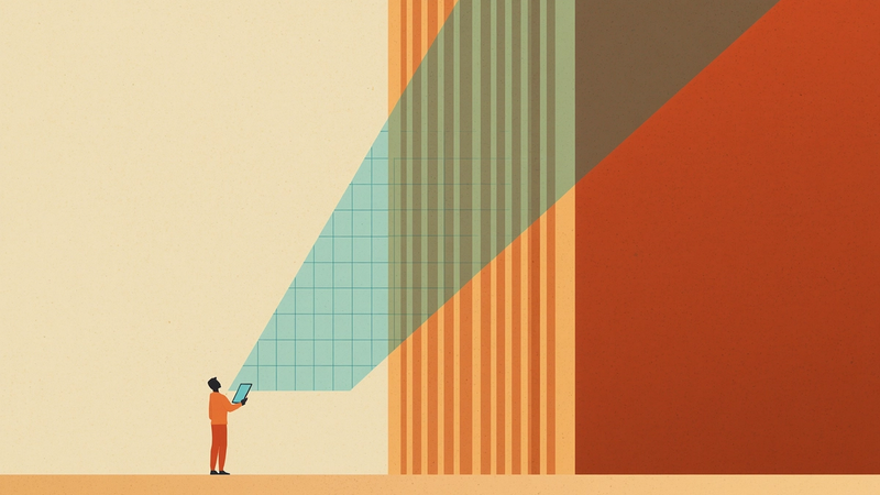 Illustration representing construction technology (contech) integration in India, featuring a digital architectural grid displayed on a tablet.