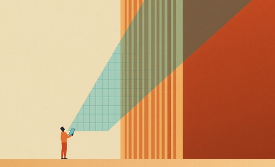 Illustration representing construction technology (contech) integration in India, featuring a digital architectural grid displayed on a tablet.
