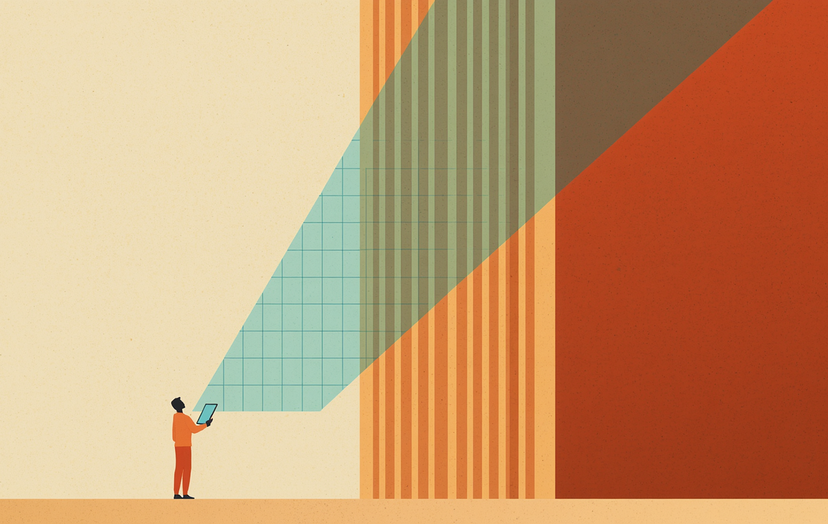 Illustration representing construction technology (contech) integration in India, featuring a digital architectural grid displayed on a tablet.