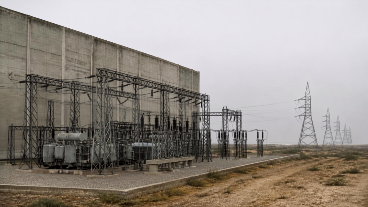 A high-voltage substation with transformers and gantries beside a large windowless building, transmission towers receding into haze.