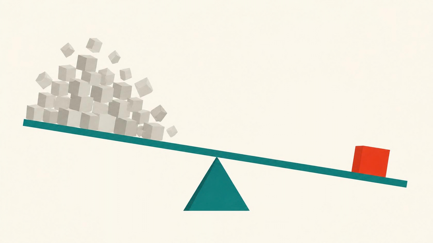 A teal balance beam tipping away from a large loose pile of pale grey cubes and down towards a single small dense red cube, depicting how a compact set of locally sourced loss data outweighs a far larger volume of imported historical data when pricing risk in the Global South.