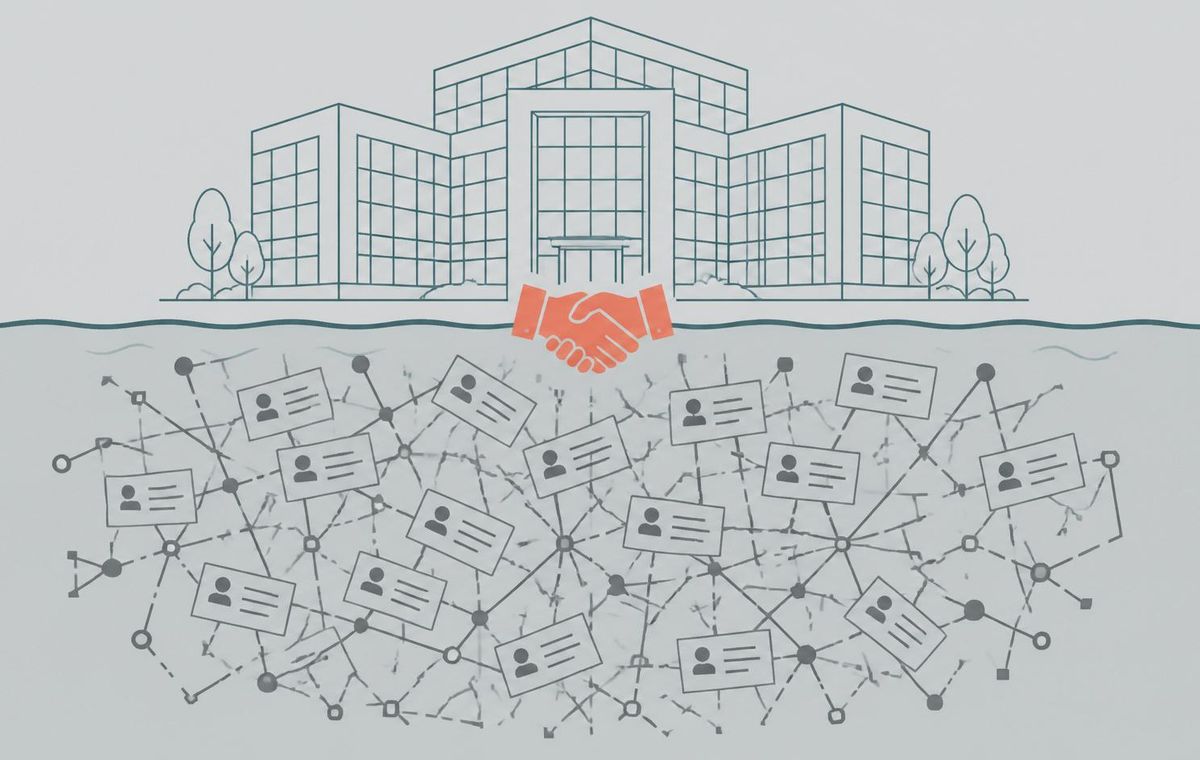 Conceptual illustration of hidden data debt inside an Indian M&A acquisition target
