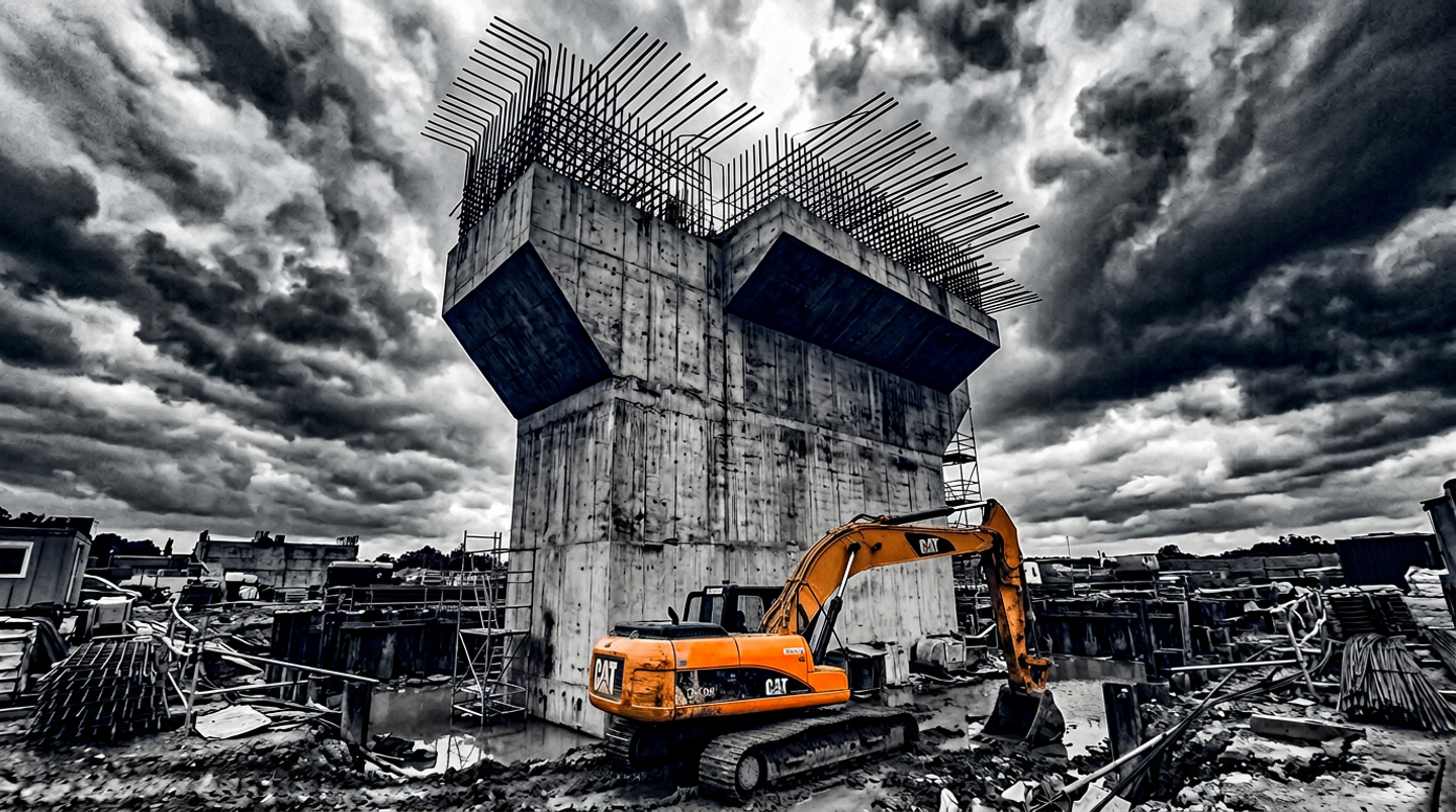 A highly contrasted, desaturated image of a towering, unfinished concrete bridge pillar with exposed rebar against a stormy, dramatic sky. At its base sits a bright orange excavator, highlighting the heavy capital exposure and execution risks inherent in delayed infrastructure projects.
