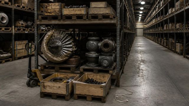 Warehouse aisle of power plant spare parts on steel racking, with turbine components and half-unpacked crates.