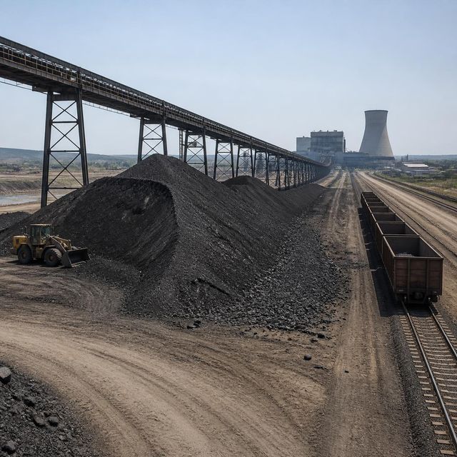 A shrinking coal stockpile beside a long conveyor gantry and rail siding leading toward a distant power station.