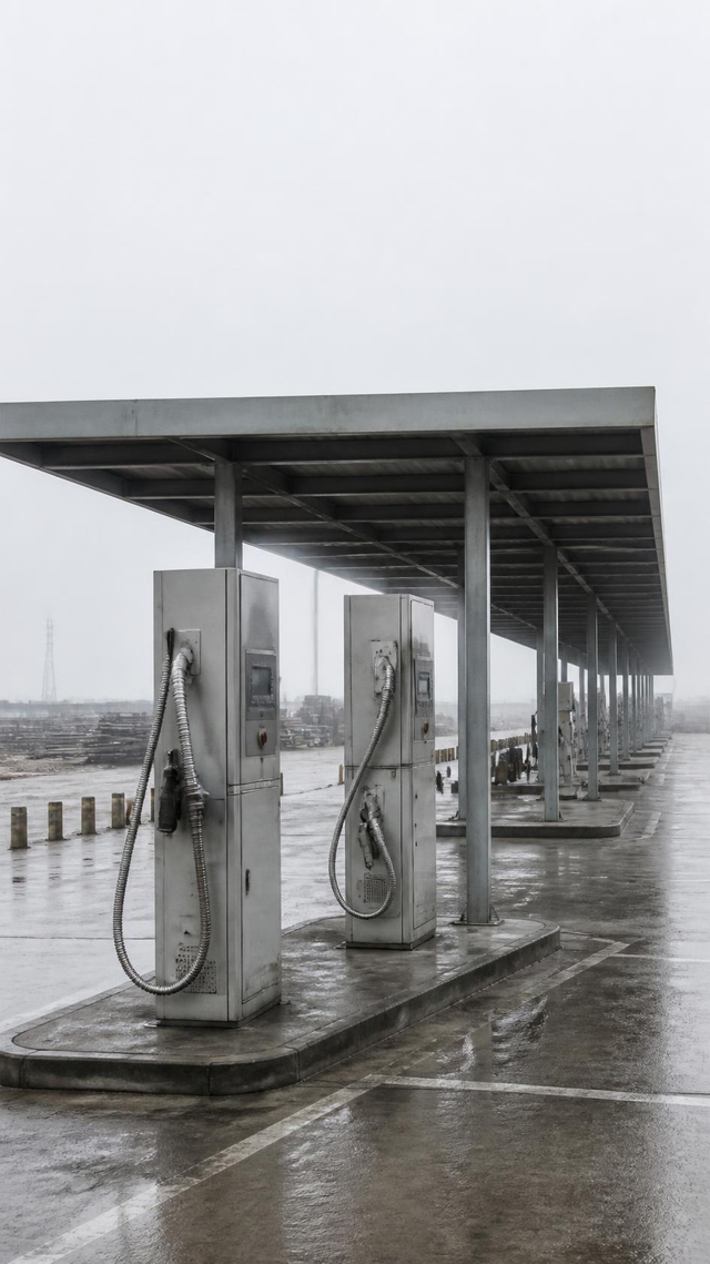 Compressed natural gas dispensers on a station forecourt, no people present