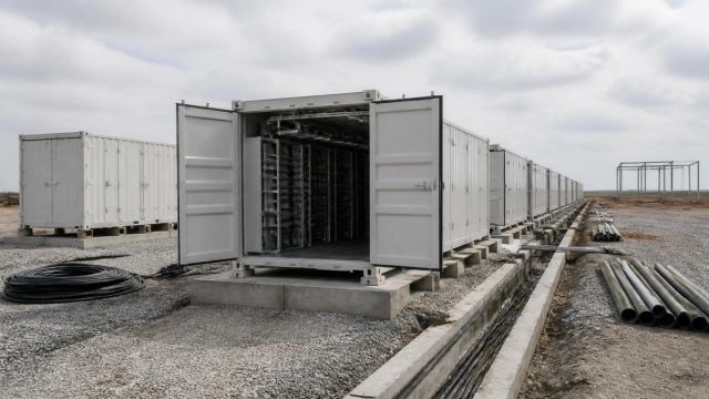 Rows of unfinished battery storage containers on a gravel site, with open cable trenches leading to the horizon.