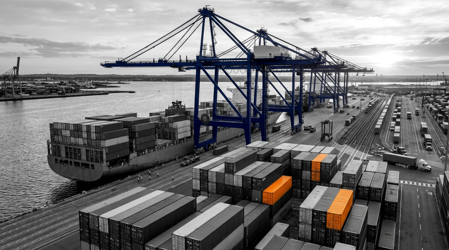 An industrial black-and-white aerial shot of a bustling shipping port featuring massive blue cranes and a docked cargo ship. Several shipping containers are highlighted in vibrant orange, symbolizing the critical value of logistics nodes and the necessity of predictable revenue streams to ensure project bankability.