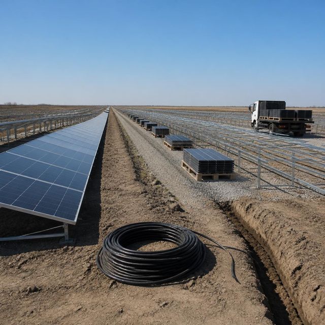 Rows of solar panels under construction on open ground, with bare steel racking and stacked panels receding to the horizon.