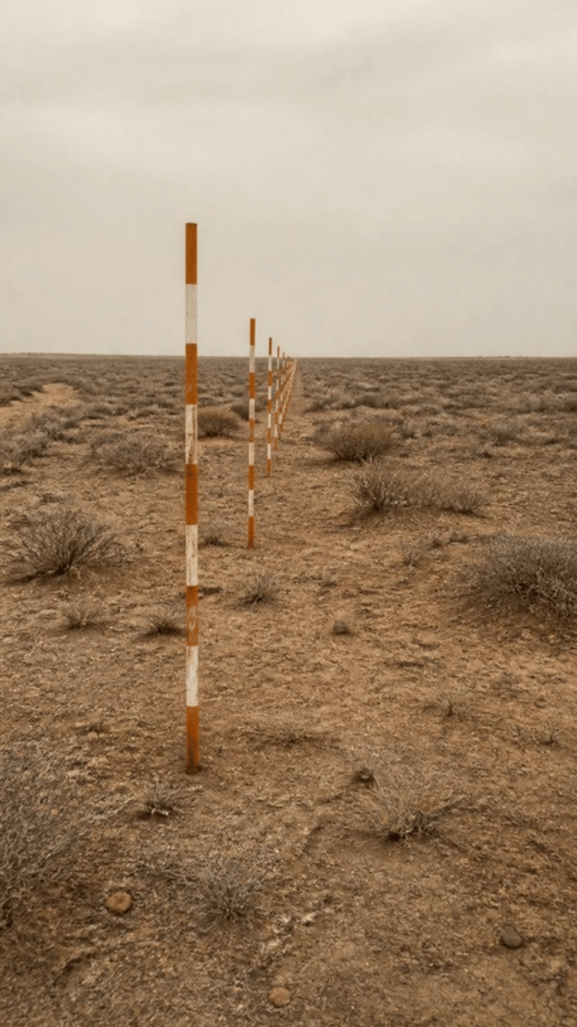 A straight line of banded survey ranging rods standing in dry open scrub, running away from the viewer towards the horizon.