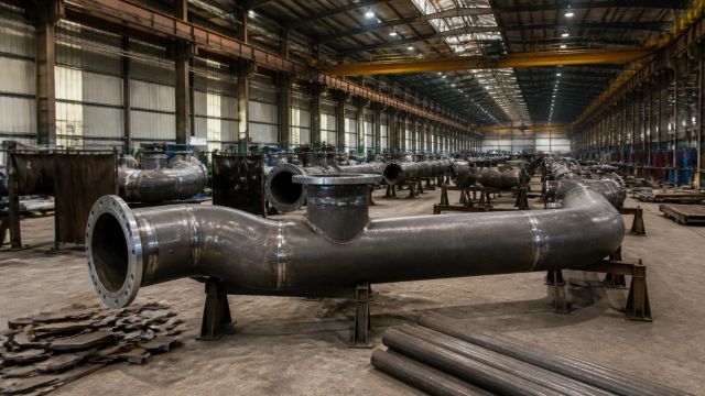 Unpainted steel pipe spool on trestles in a fabrication shop, with rows of more spools and roof trusses receding into the distance.
