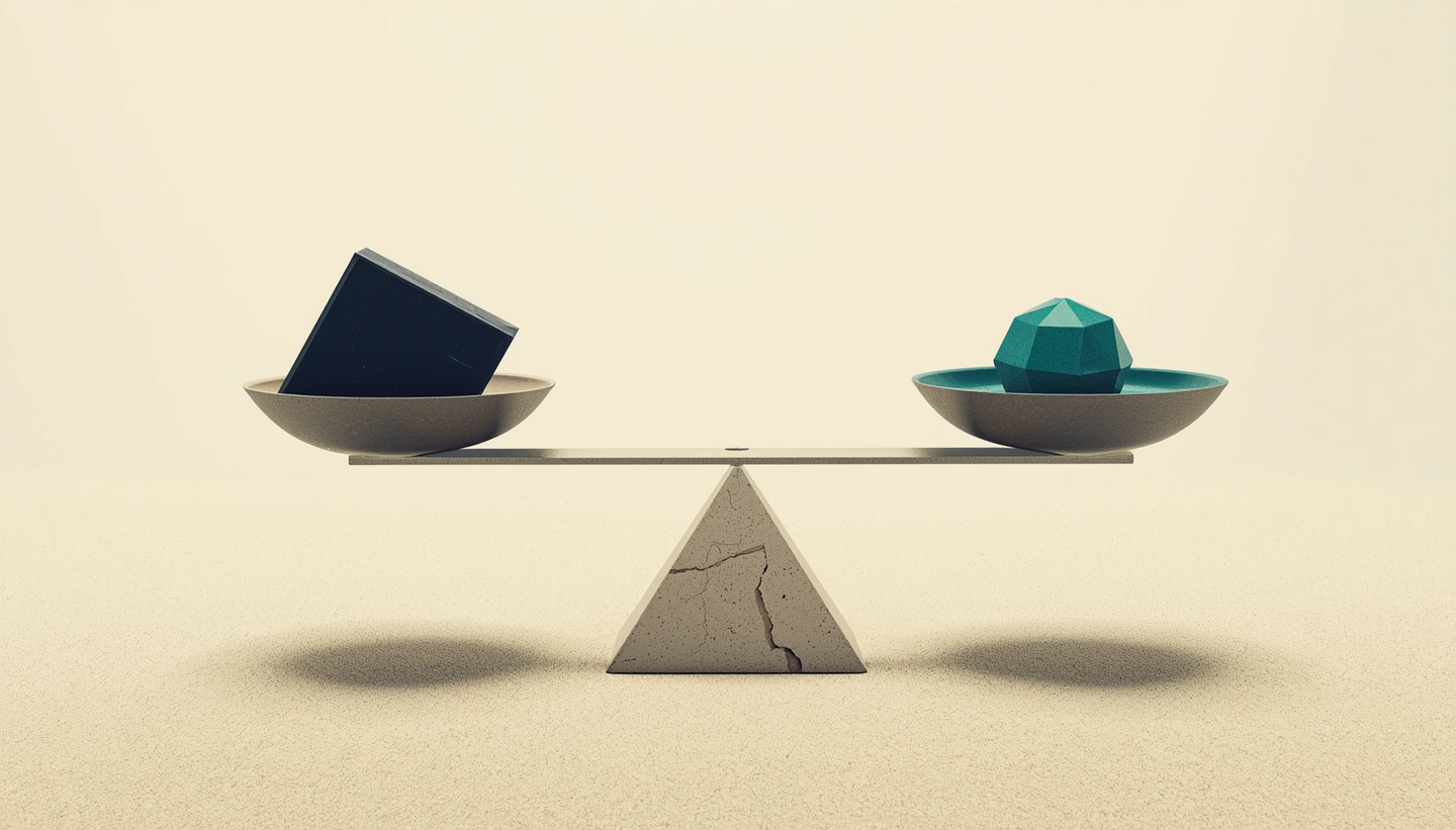 A conceptual illustration on a light sand background showing a geometric weighing scale. The left pan holds a large heavy dark obsidian block and sinks dramatically near the ground. The right pan holds a small teal geometric charger and rises high into the air. The scale's central supporting pillar has a visible diagonal crack running through it.