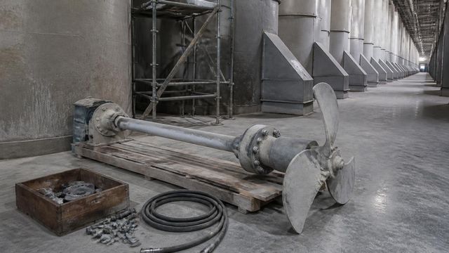 A worn agitator shaft and propeller on a pallet in a power plant yard, with a row of absorber vessels receding behind.