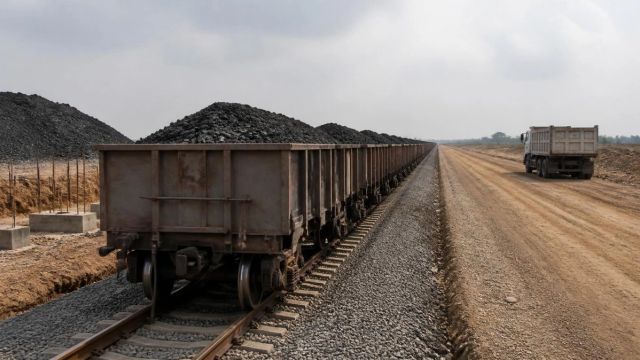 A rake of loaded coal wagons on a straight rail track beside an unfinished siding and a dusty haul road.