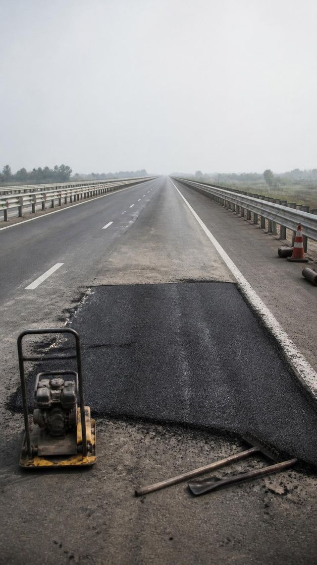 Freshly patched highway lane with repair tools beside it, barrier posts receding to the horizon.