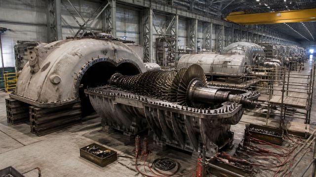 Opened steam turbine casing under maintenance in a long power station turbine hall, with repeating roof trusses receding.