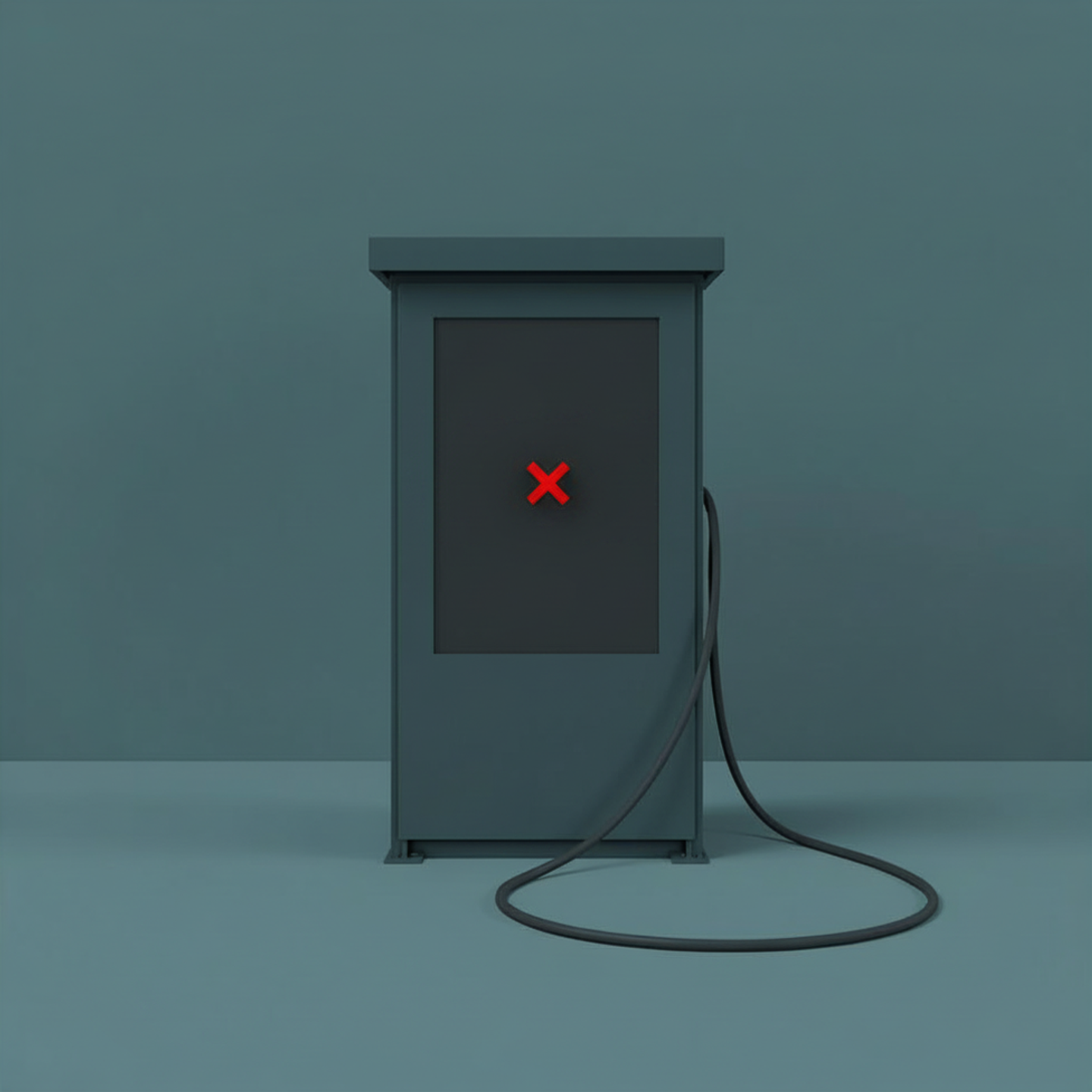 A minimalist illustration of a teal industrial kiosk with a completely blank, dark obsidian screen and a useless steel-grey cable lying on the ground.