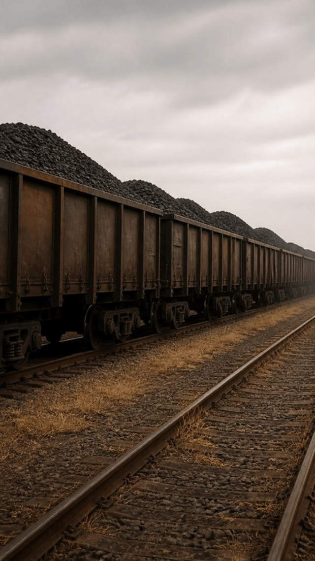 A rake of loaded open railway wagons standing in a power station siding, heaped black coal cresting above the wagon sides, with no locomotive attached.
