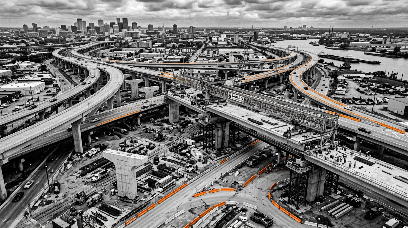 A sweeping black-and-white aerial view of a massive, multi-layered highway interchange under construction. Bright orange highlights on the concrete barriers trace the active pathways, representing the immense scale and operational execution required in modern infrastructure development.