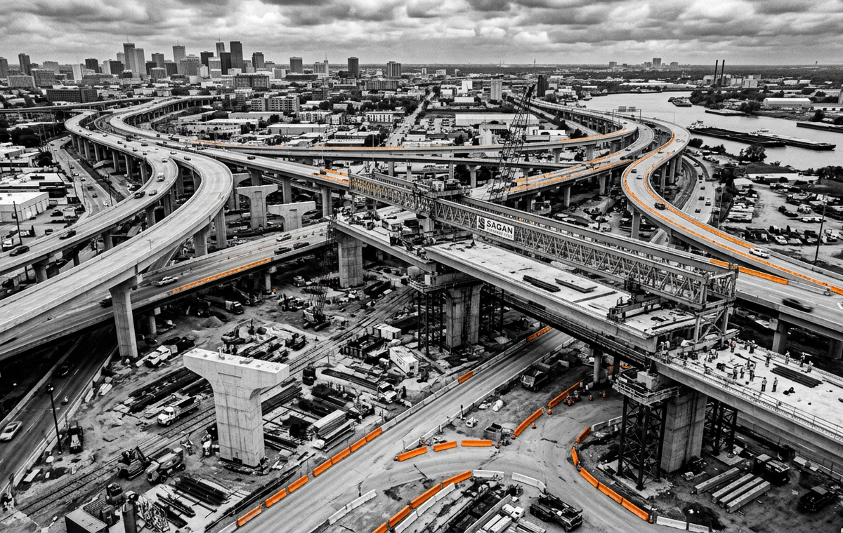 A sweeping black-and-white aerial view of a massive, multi-layered highway interchange under construction. Bright orange highlights on the concrete barriers trace the active pathways, representing the immense scale and operational execution required in modern infrastructure development.