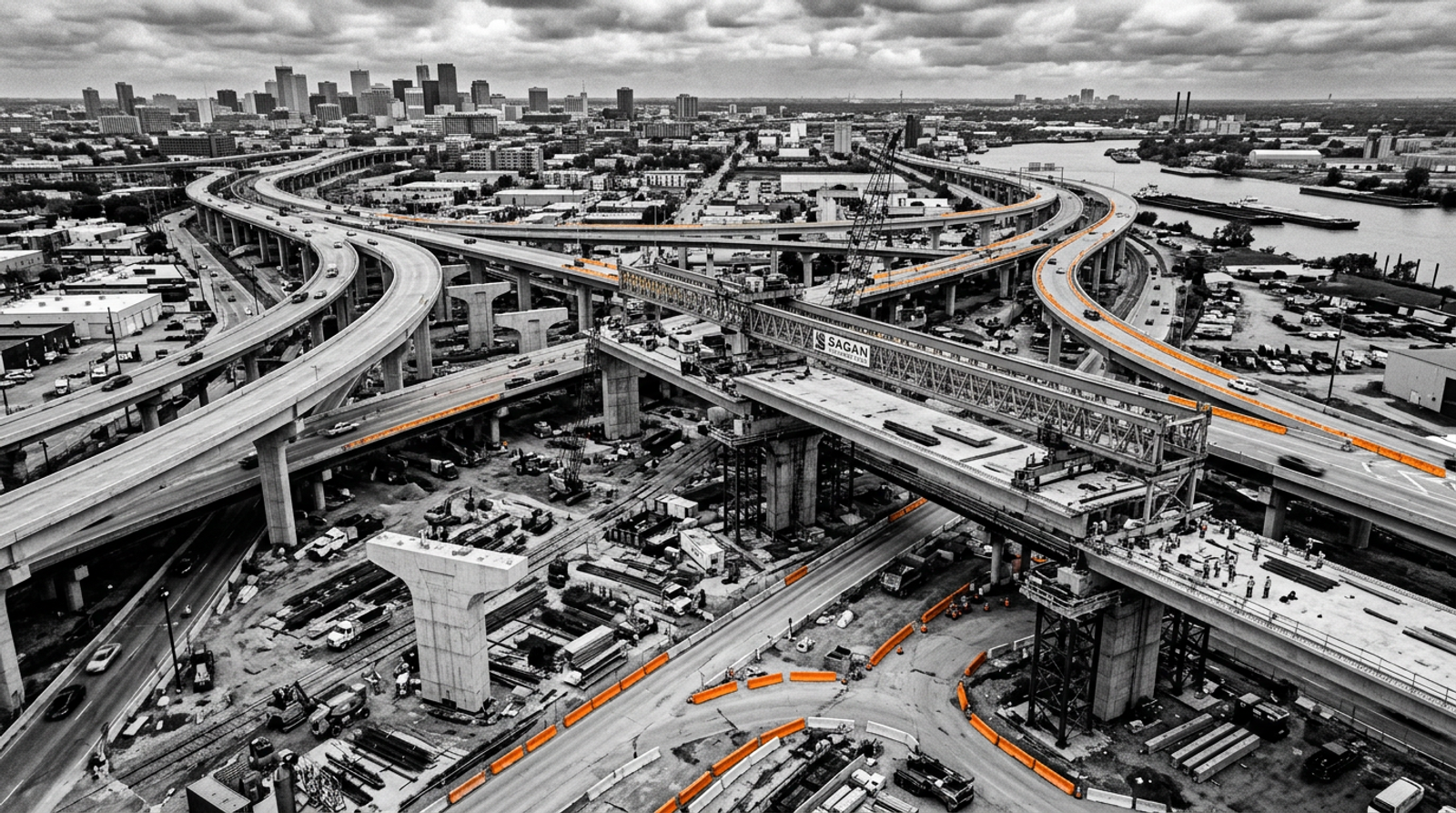A sweeping black-and-white aerial view of a massive, multi-layered highway interchange under construction. Bright orange highlights on the concrete barriers trace the active pathways, representing the immense scale and operational execution required in modern infrastructure development.
