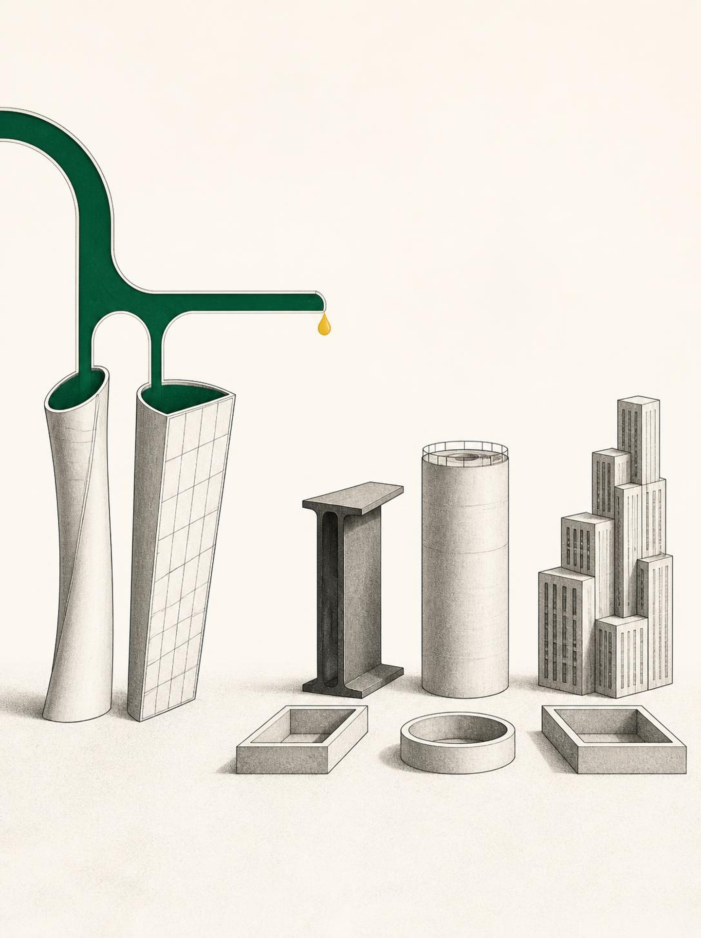 Illustration of green finance flowing to renewable energy while steel, cement and urban infrastructure in India wait