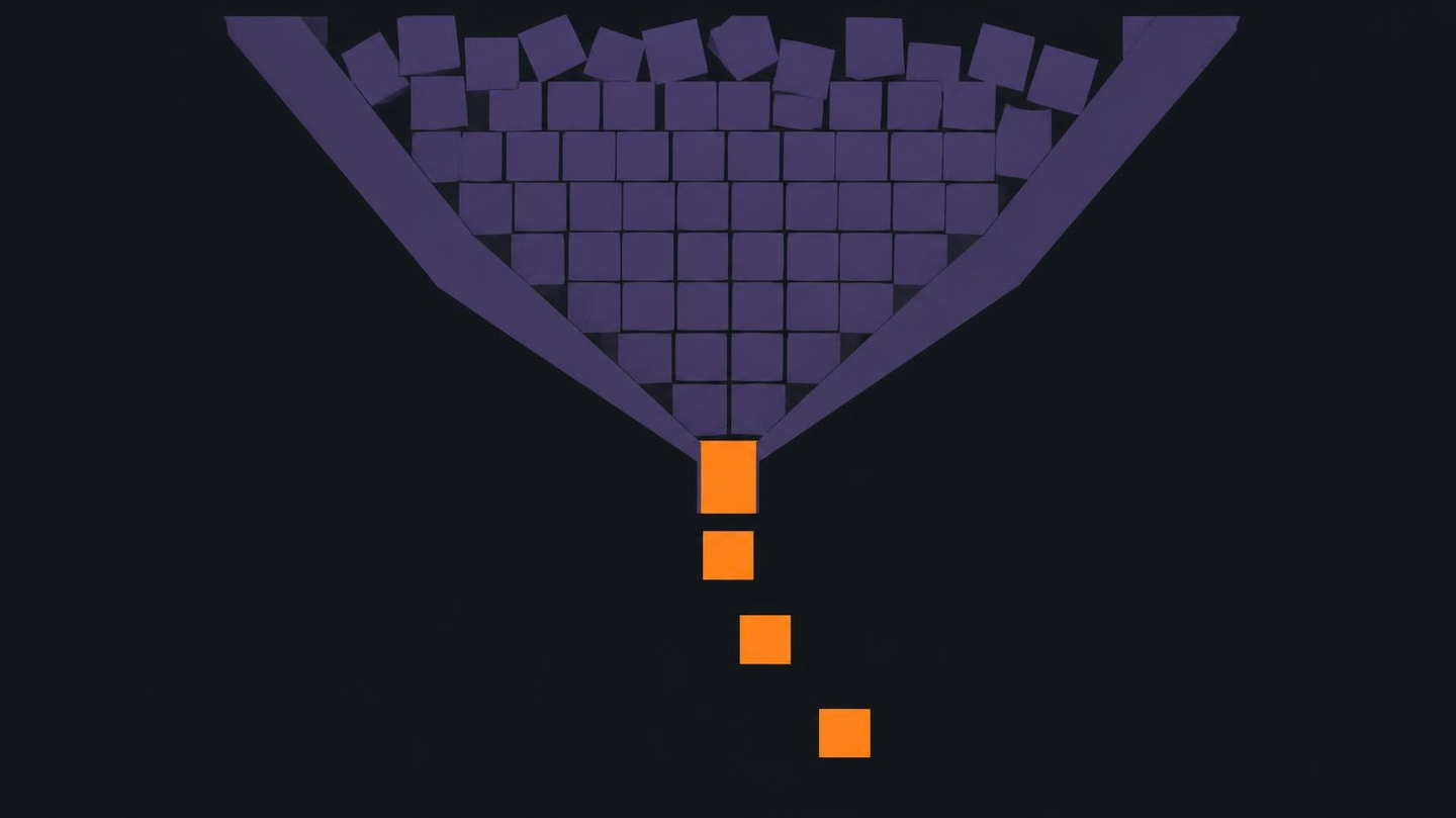 A wide violet funnel crowded with stacked blocks narrowing to a single bright orange throat, with only four blocks having passed through into the empty space below, depicting how demand for quantitative analysts, data engineers and actuaries in GIFT City far exceeds the available pool.