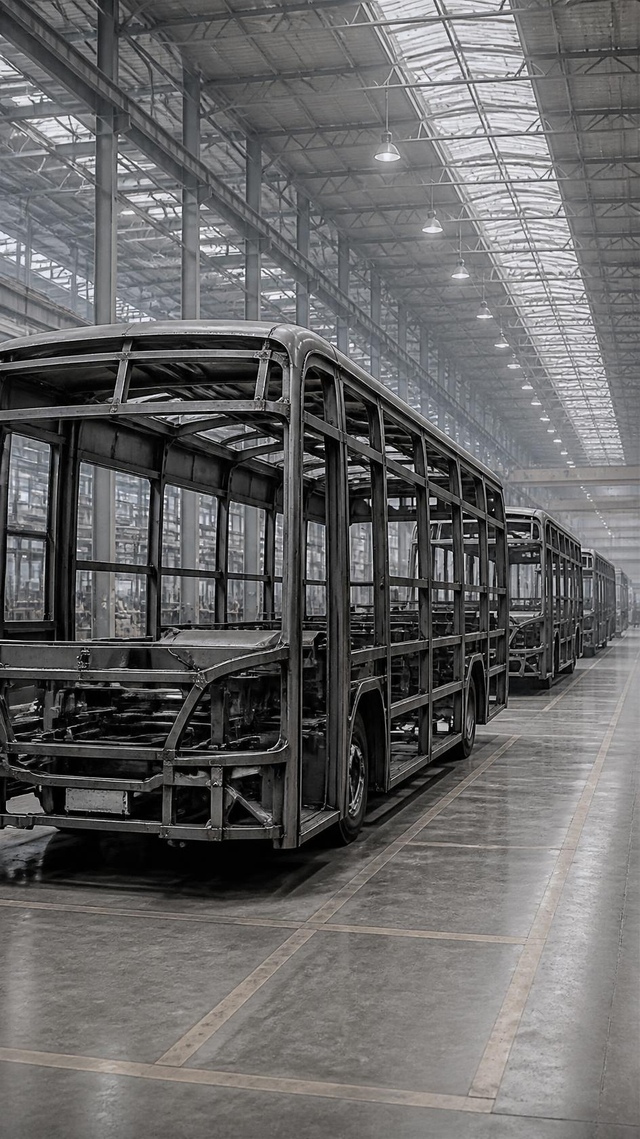 Electric bus body shells in line on an assembly floor, no people present