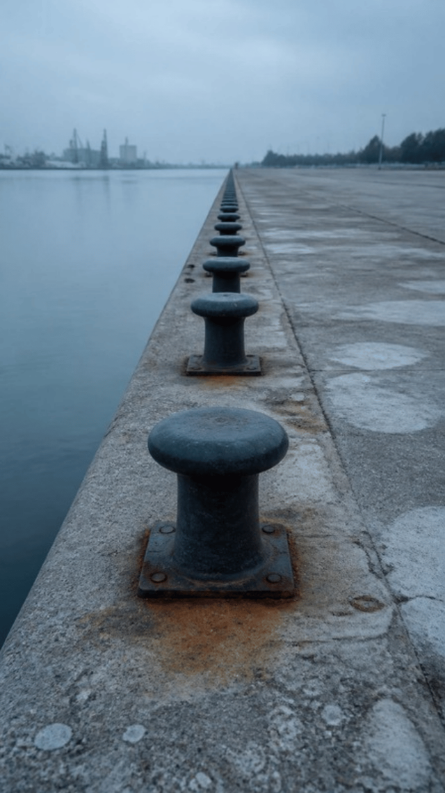 A long line of identical cast iron mooring bollards receding down a weathered concrete quay edge, with rust bleeding onto the concrete around their bases.