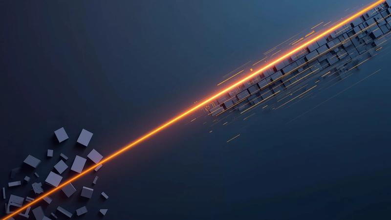 A minimalist, abstract vector illustration split diagonally by a glowing line. The lower left features disorganized, muted purple-grey geometric shapes representing inefficient legacy systems. Across the dividing line on the upper right, the shapes transform into a perfectly aligned, rapidly accelerating dark blue grid illuminated with bright orange and gold, symbolizing the efficiency and momentum of modern Grade-A logistics networks.A minimalist, abstract vector illustration split diagonally by a glowing line. The lower left features disorganized, muted purple-grey geometric shapes representing inefficient legacy systems. Across the dividing line on the upper right, the shapes transform into a perfectly aligned, rapidly accelerating dark blue grid illuminated with bright orange and gold, symbolizing the efficiency and momentum of modern Grade-A logistics networks.
