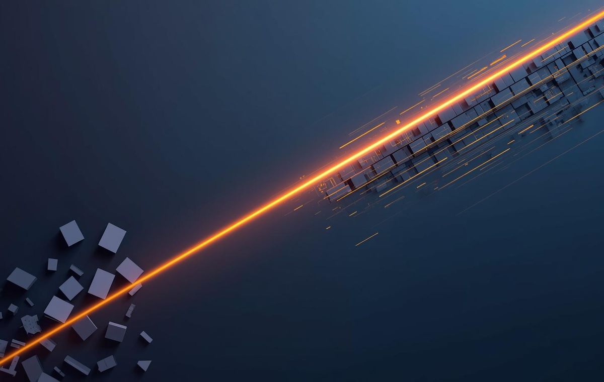 A minimalist, abstract vector illustration split diagonally by a glowing line. The lower left features disorganized, muted purple-grey geometric shapes representing inefficient legacy systems. Across the dividing line on the upper right, the shapes transform into a perfectly aligned, rapidly accelerating dark blue grid illuminated with bright orange and gold, symbolizing the efficiency and momentum of modern Grade-A logistics networks.A minimalist, abstract vector illustration split diagonally by a glowing line. The lower left features disorganized, muted purple-grey geometric shapes representing inefficient legacy systems. Across the dividing line on the upper right, the shapes transform into a perfectly aligned, rapidly accelerating dark blue grid illuminated with bright orange and gold, symbolizing the efficiency and momentum of modern Grade-A logistics networks.