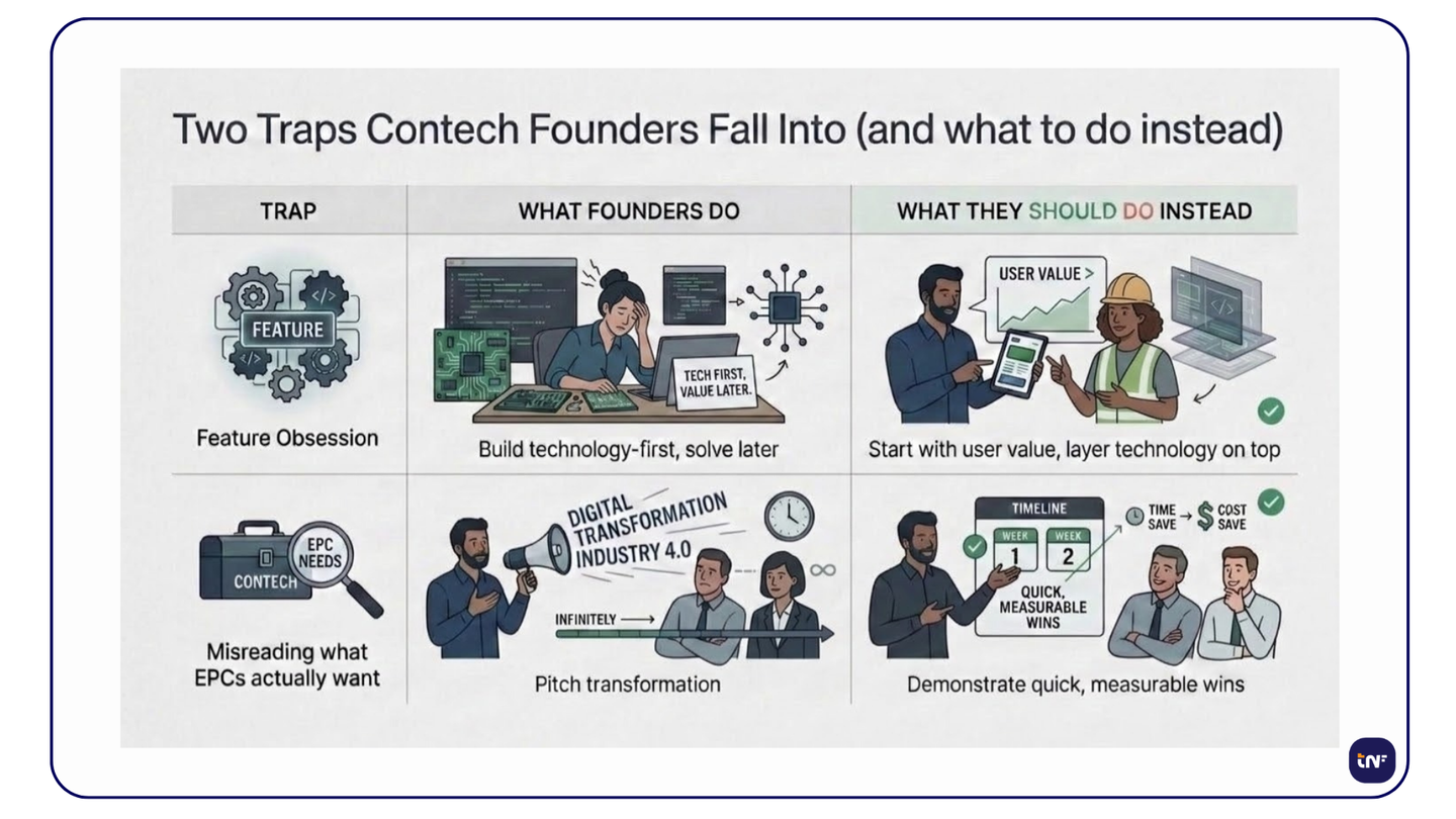 Infographic outlining two primary traps for contech startups: prioritising feature obsession over user value, and pitching long-term transformation instead of immediate operational wins.