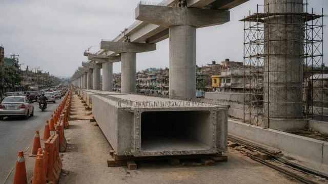 Precast concrete girder in the foreground with a line of half-built elevated highway piers receding beside a live traffic lane.
