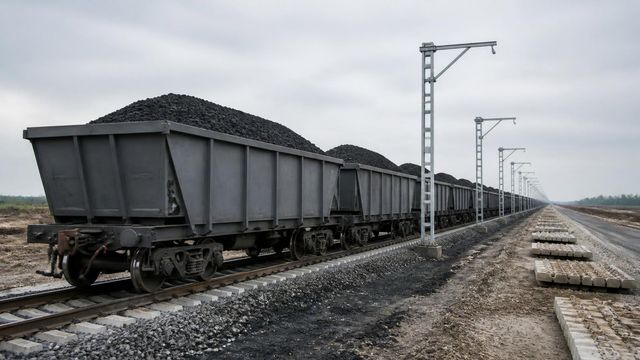A long train of coal-filled hopper wagons on straight track receding toward the horizon beside an unfinished siding.
