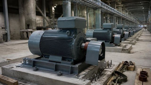 A large industrial electric motor on a baseplate in a power station bay, with more motors lined up behind it.