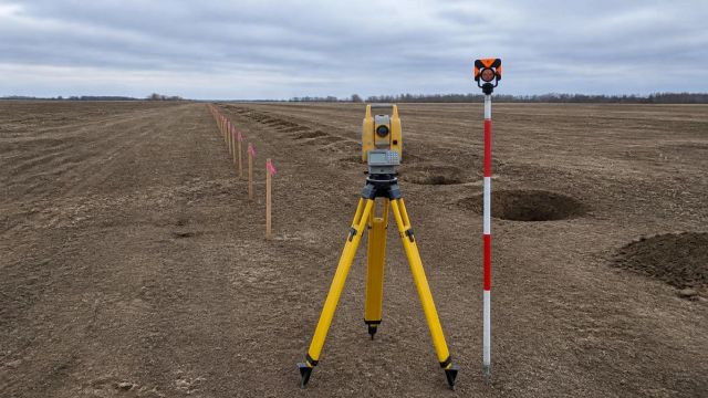 Survey instrument on a tripod beside a line of marked stakes running across bare ground toward the horizon.