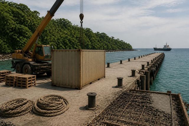 Unfinished island jetty with a cargo container and crane in the foreground and bollards receding along the quay.