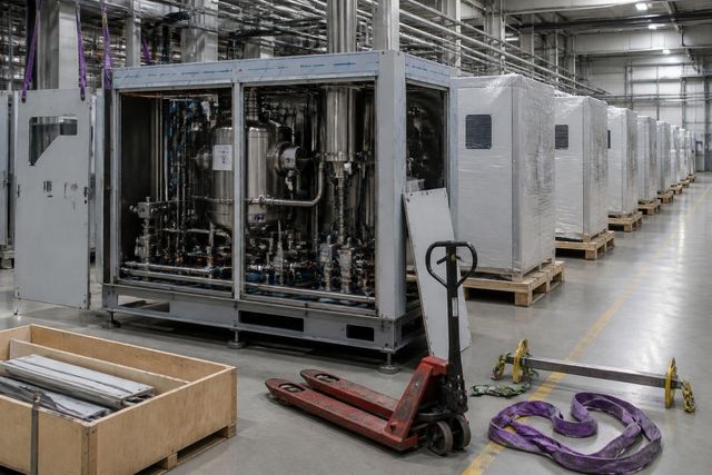 A process tool part installed with its panels off, shrink wrapped tools on skids behind.