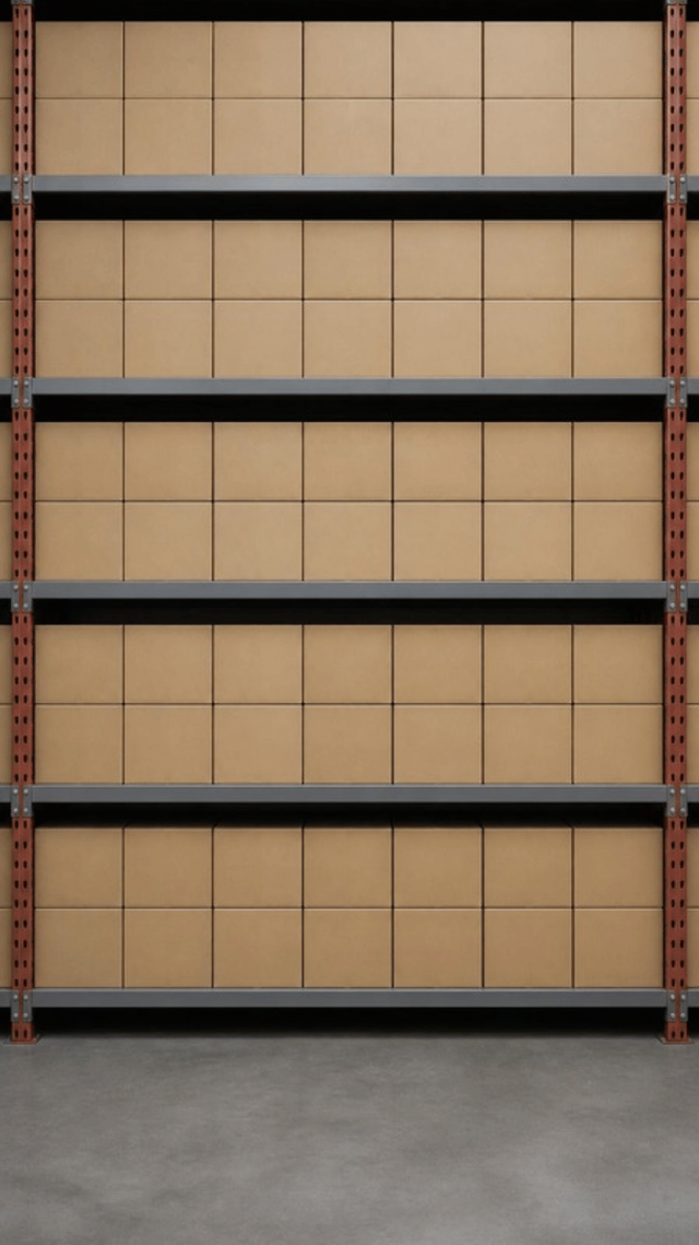 A grey steel shelving rack filled floor to top with identical unmarked buff cardboard cartons in regular rows and columns.
