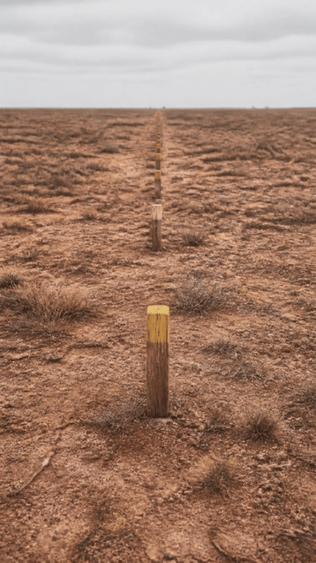 A straight line of short wooden survey marker pegs with painted tops, driven into dry open scrub and running away to the horizon with nothing built along it.