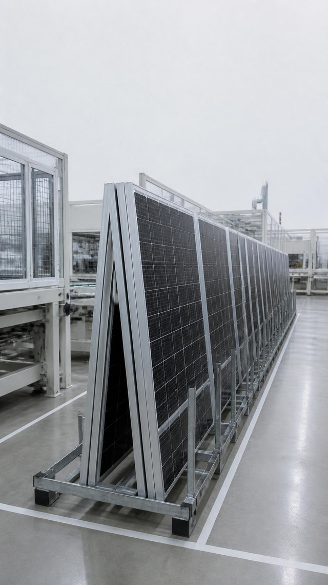 Framed photovoltaic modules racked at the end of an assembly line, no people present
