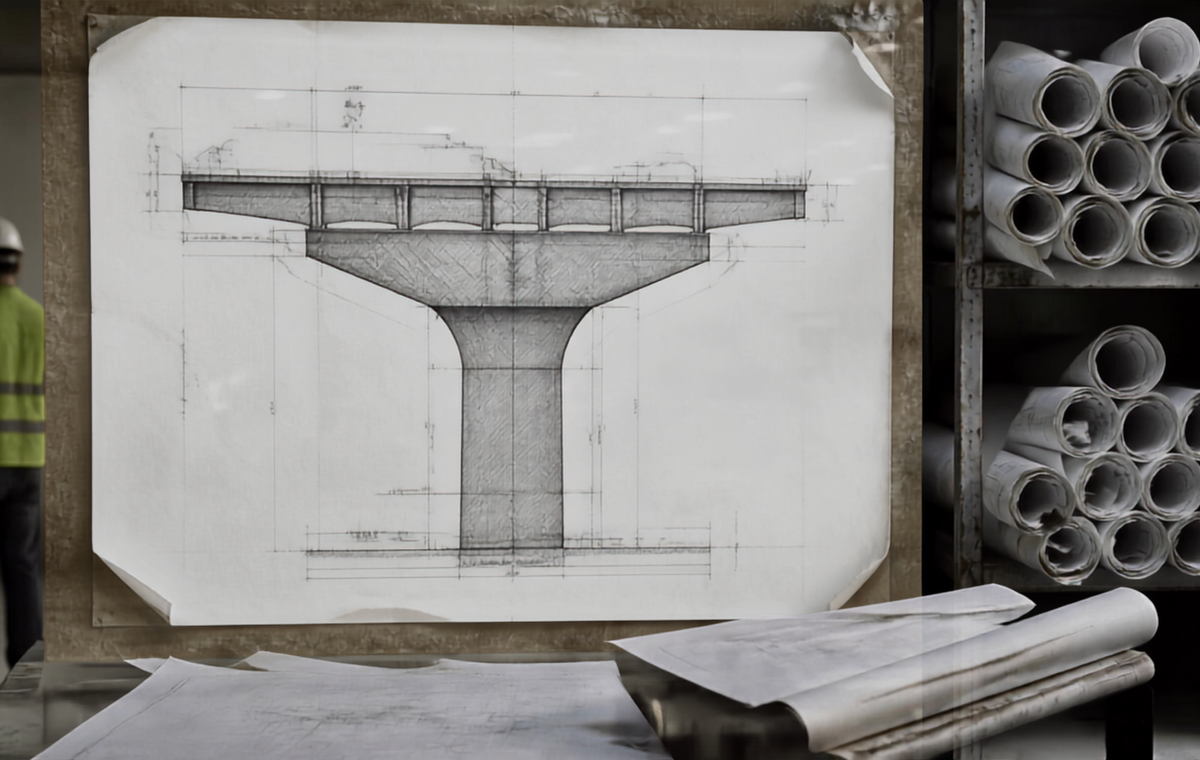 A rolled paper construction drawing weighted with a rusted steel offcut on a site table, with a line of concrete metro viaduct piers receding into haze behind it.