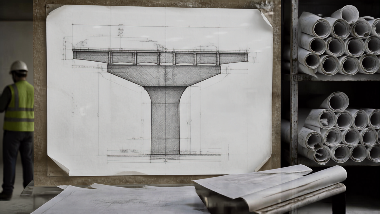 A rolled paper construction drawing weighted with a rusted steel offcut on a site table, with a line of concrete metro viaduct piers receding into haze behind it.