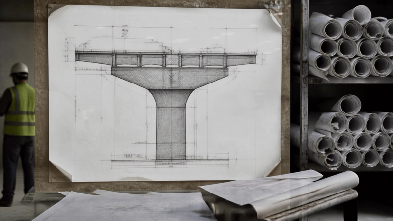A rolled paper construction drawing weighted with a rusted steel offcut on a site table, with a line of concrete metro viaduct piers receding into haze behind it.