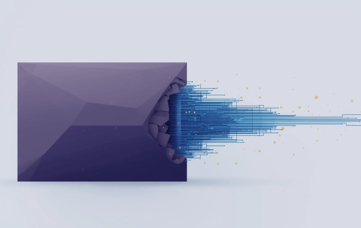 An abstract, minimalist vector illustration showing a heavy, solid dark-purple monolith on the left being transformed from the inside out. A sleek, highly advanced digital matrix of glowing gold nodes and light blue data pipelines breaks out of the monolith and expands to the right. This visualizes the article's core concept: transforming the heavy, static burden of legal compliance into a fast, automated, and seamlessly integrated engineering system.