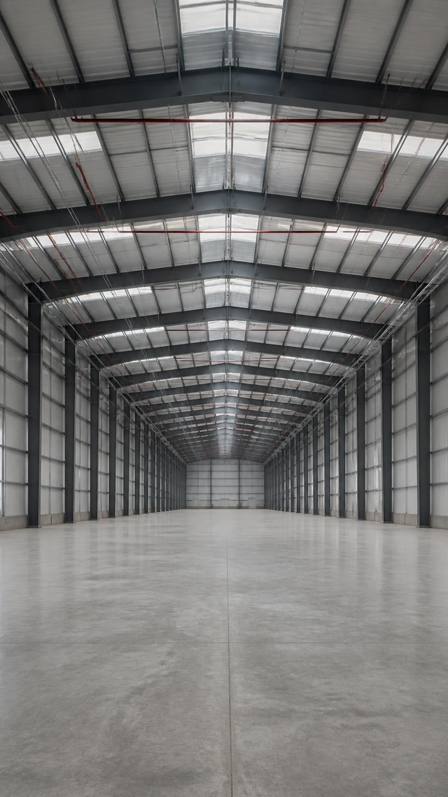Newly completed industrial shed interior, empty, awaiting a production line
