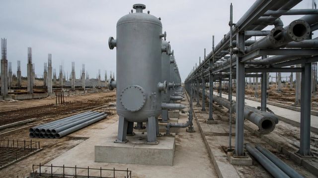 Row of upright steel pressure vessels and a pipe rack receding across an unfinished water treatment plant construction site.