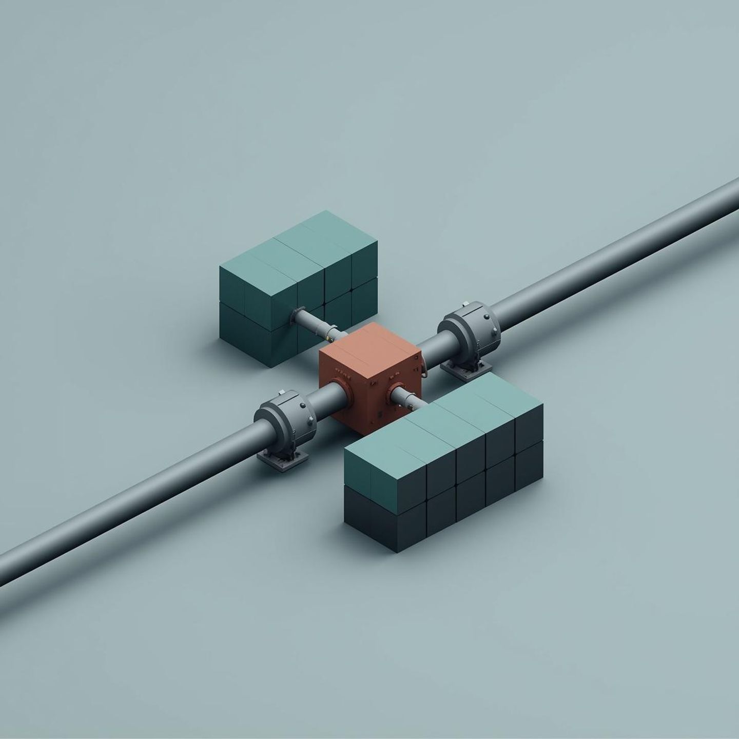 An isometric illustration on a light ash-grey background. Two steel-grey pipelines—one carrying teal blocks representing hydrogen, the other obsidian blocks representing nitrogen—converge at a terracotta industrial node. They emerge on the other side merged into massive, interlocking teal and steel-grey geometric modules representing green ammonia.